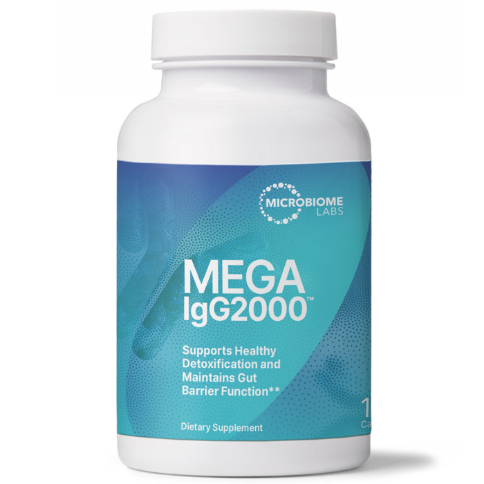 Supplement bottle labeled 'Mega IgG2000' by Microbiome Labs on a white background