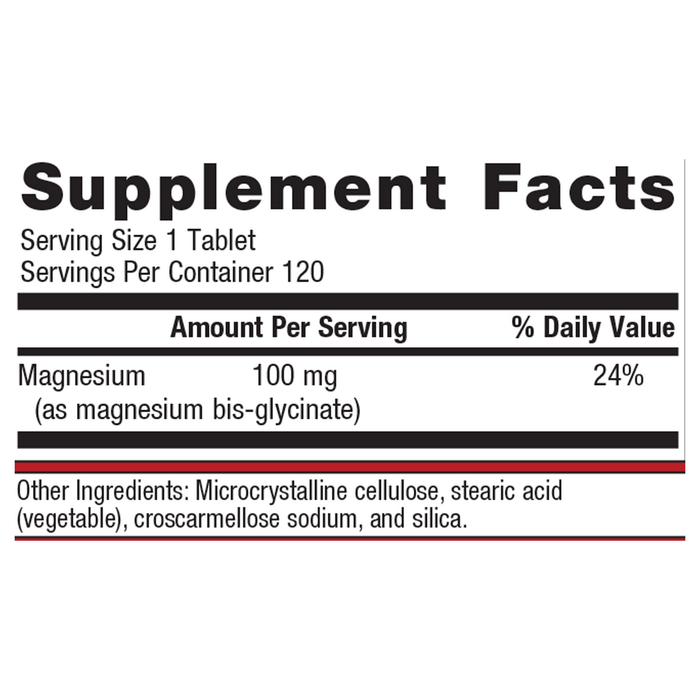 Magnesium Glycinate 120 tablets Supplemnet Facts Label
