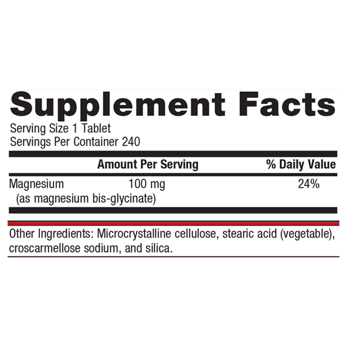 Magnesium Glycinate 240 tablets Supplement Facts Label