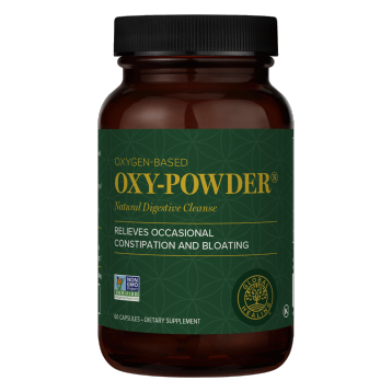 A bottle of Oxy-Powder dietary supplement by Global Healing, with a label that includes the brand name, product name, and benefits such as relieving constipation and bloating.