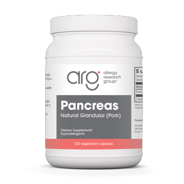 Supplement container labeled 'Pancreas' by ARG on a white background