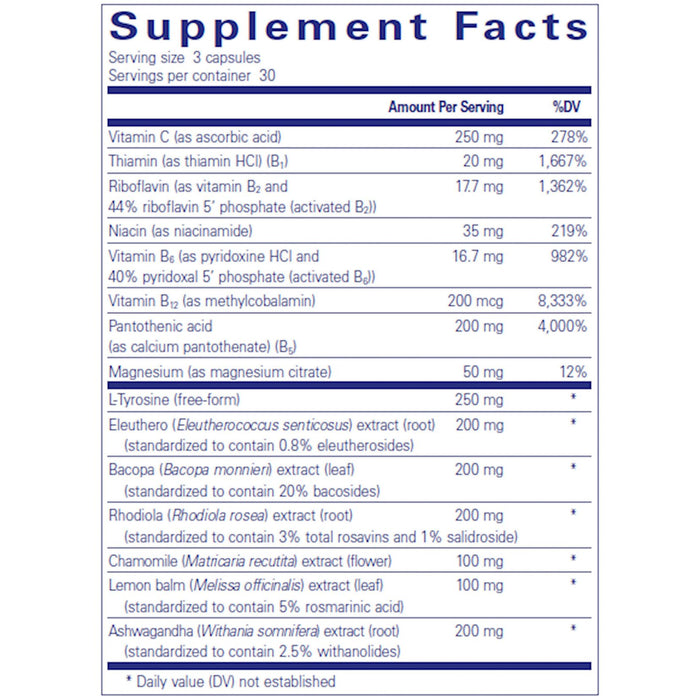 A label of Pure Encapsulations Daily Stress Formula dietary supplement with 90 capsules.