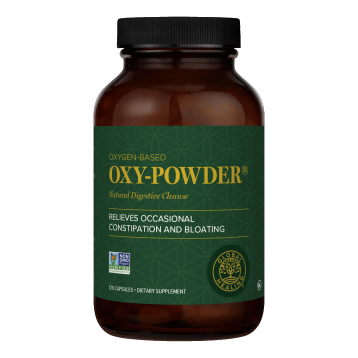 A bottle of Oxy-Powder dietary supplement by Global Healing, with a label that includes the brand name, product name, and benefits such as relieving constipation and bloating.