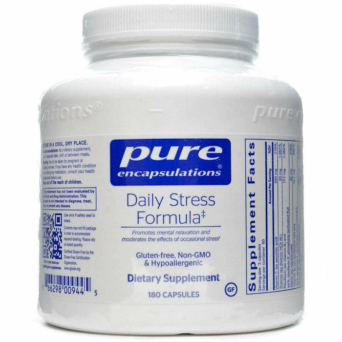 A bottle of Pure Encapsulations Daily Stress Formula dietary supplement with 180 capsules.