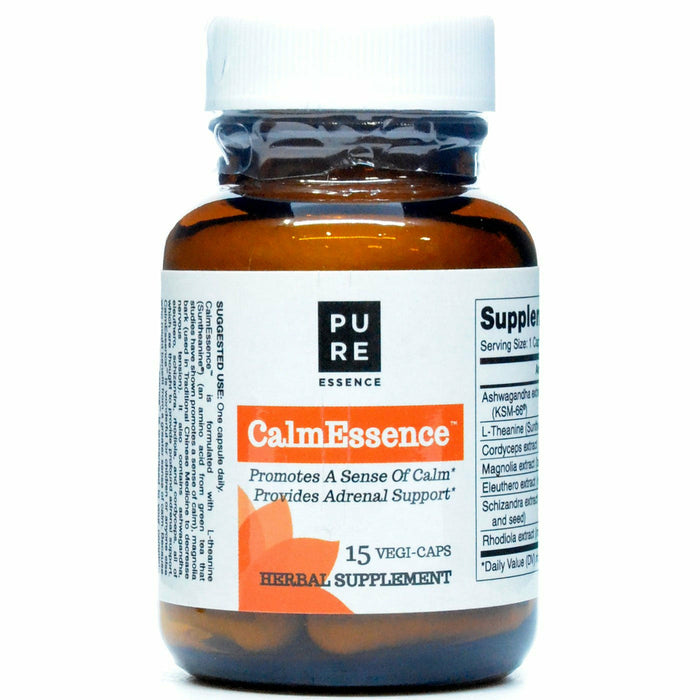 A bottle of Pure Essence CalmEssence supplement capsules, designed for stress relief. 15 vegecap