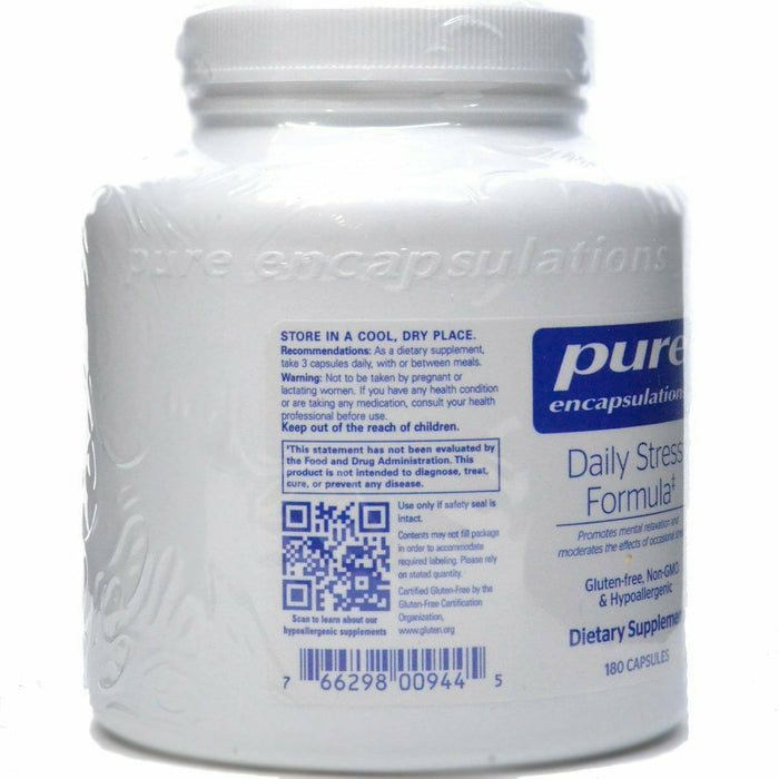 A label of Pure Encapsulations Daily Stress Formula dietary supplement with 9