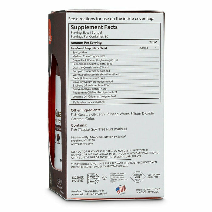 Advanced Nutrition by Zahler, Paraguard 90 Softgels Supplement Facts Label
