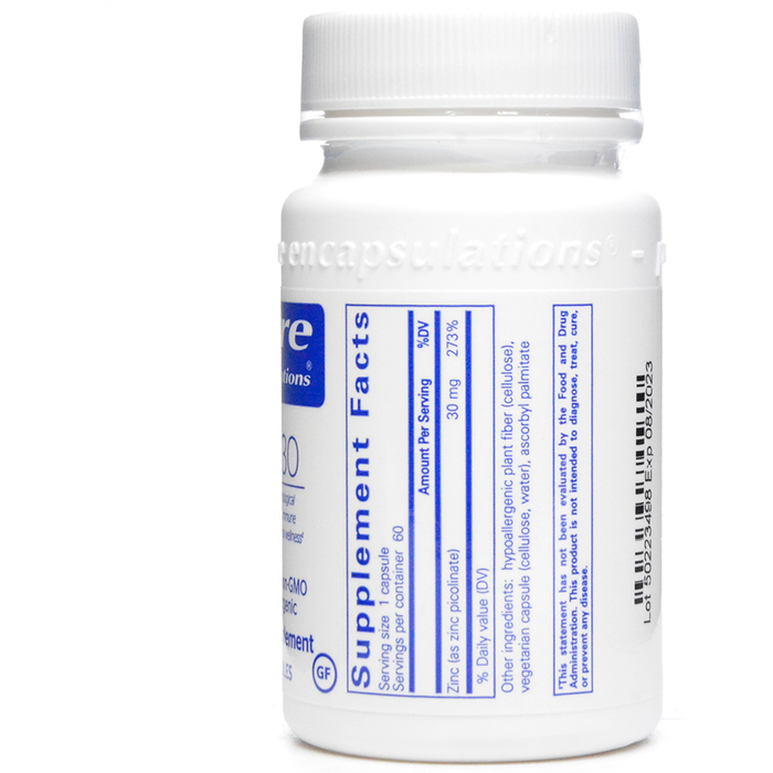 Zinc 30 60 vcaps by Pure Encapsulations Supplement Facts Label