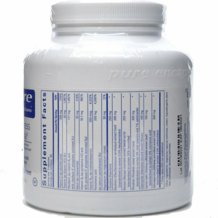 A label of Pure Encapsulations Daily Stress Formula dietary supplement with