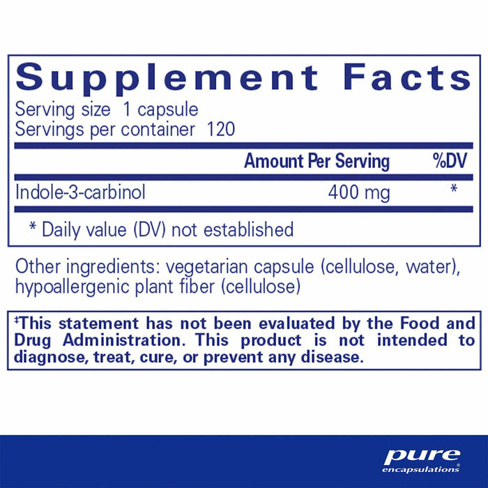 Pure Encapsulations, Indole-3-Carbinol 400 mg 120 capsules Supplement Facts Label