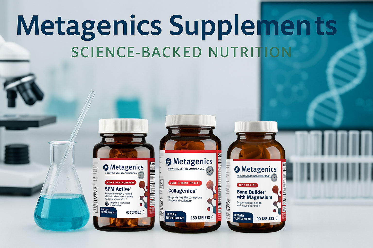 Metagenics supplements blog banner with Metagenics products and a scientific themed background