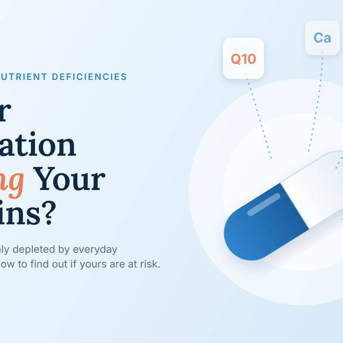 Drug-induced nutrient deficiencies: capsule with vitamin B12, magnesium, CoQ10, vitamin D, calcium and folate drifting away