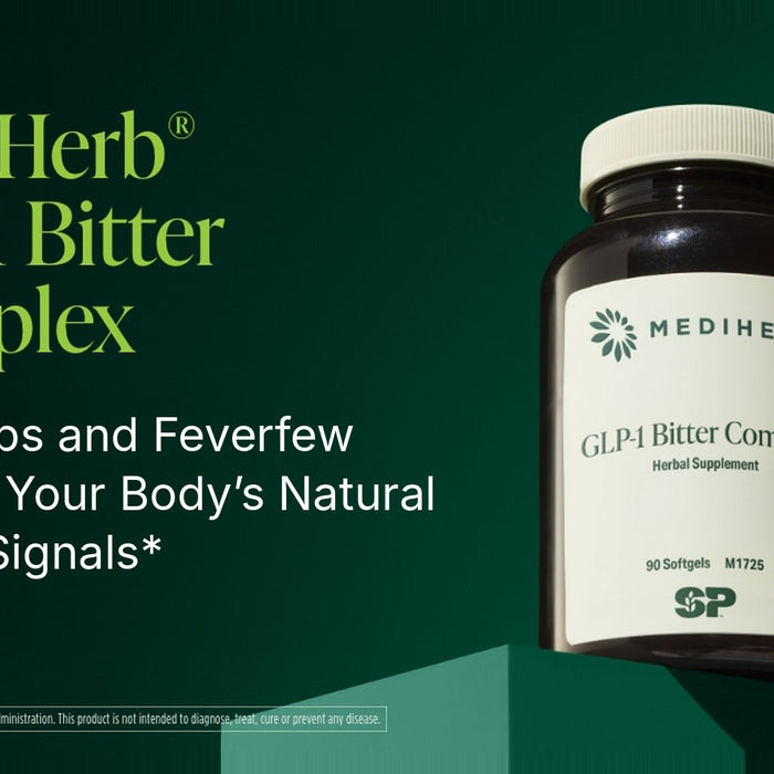 MediHerb GLP-1 Bitter Complex banner: how Hops and Feverfew support your body’s natural satiety signals