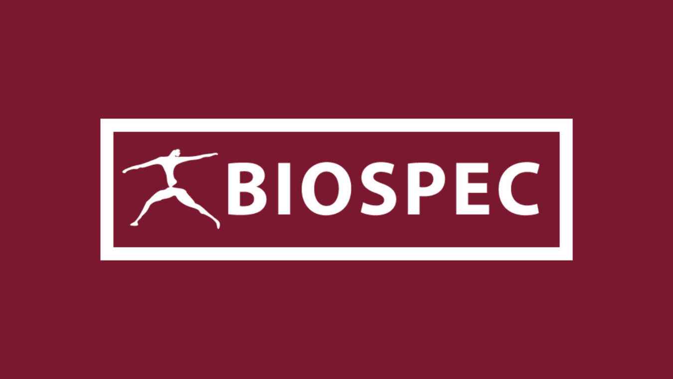 White Biospec Nutrition logo on a maroon background