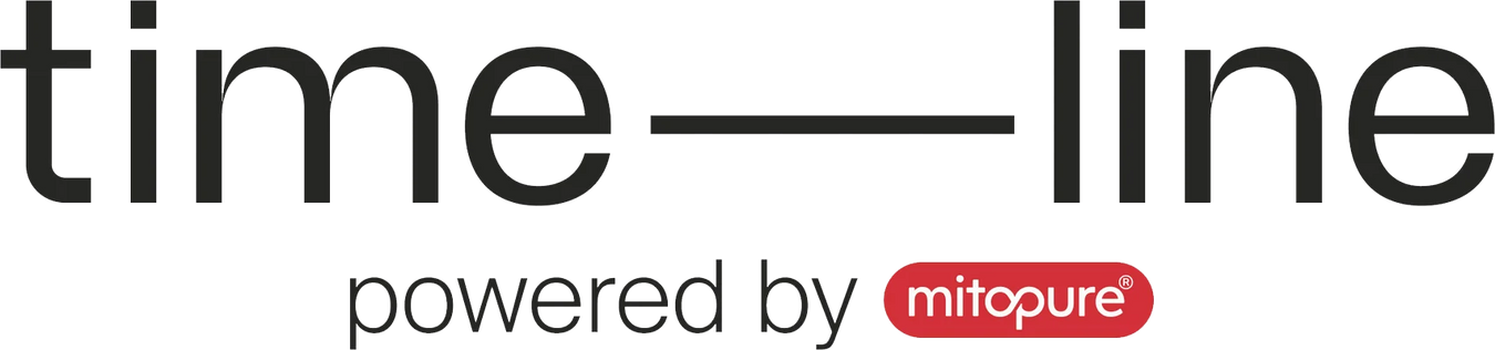 Timeline brand logo with "powdered by mitopure" tag line