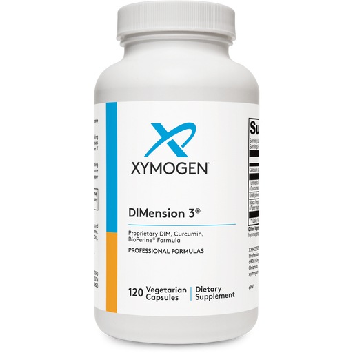 A bottle of DIMension 3 by Xymogen with 120 vegetarian capsules labeled as a dietary supplement.