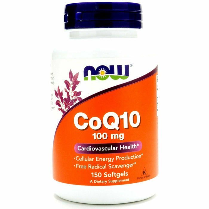 Supplement bottle labeled 'CoQ10 100 mg' by NOW on a white background