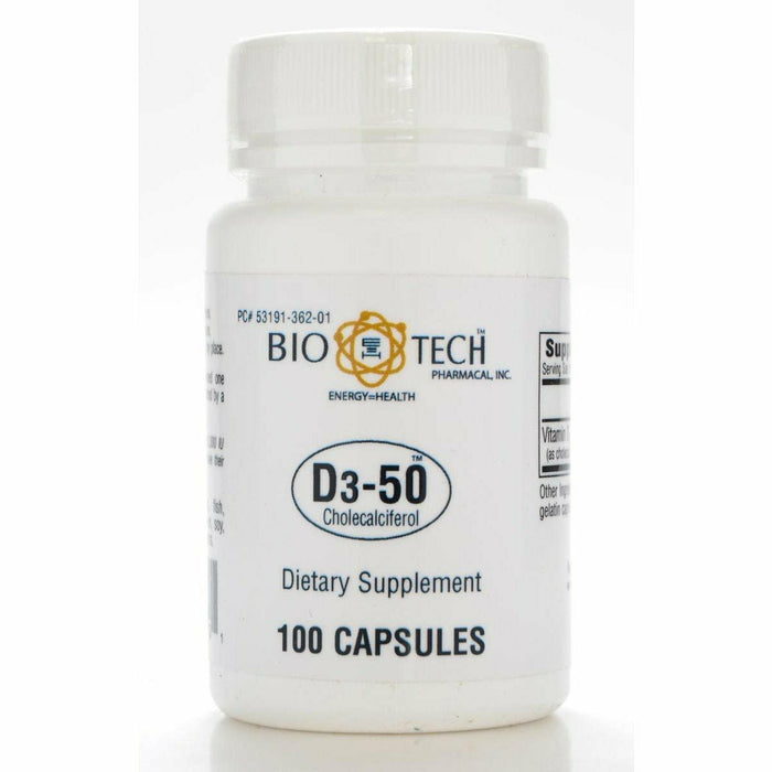 Bottle of Bio-Tech D3-50 dietary supplement on a white background