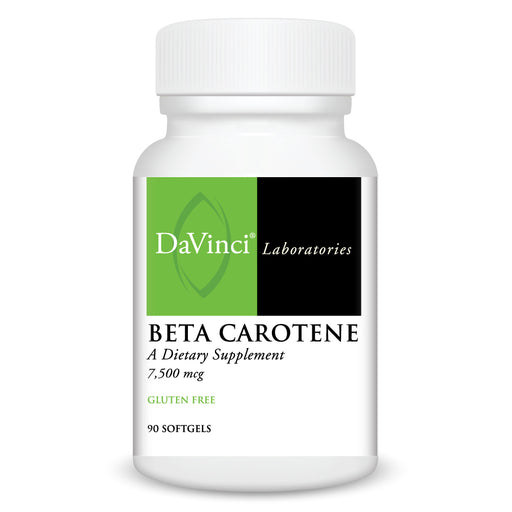 A bottle of Davinci Labs Beta Carotene 25,000 IU dietary supplement with 90 softgels, labeled as gluten-free.