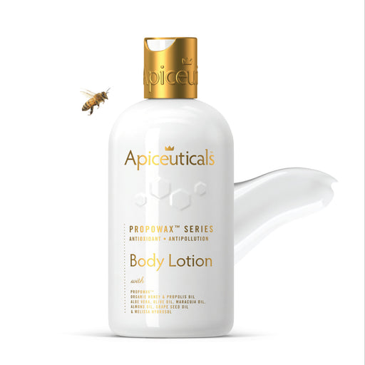 A white bottle of Apiceuticals body lotion with a gold cap. A bee is depicted mid-flight above the bottle, and the label includes the PROPOWAX series branding and mentions of natural ingredients.