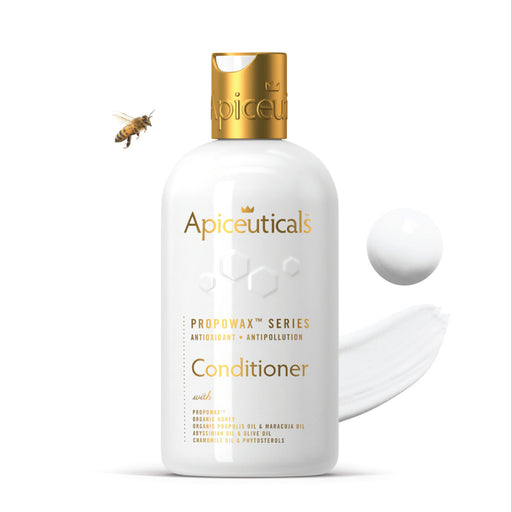 A white bottle of Apiceuticals PROPOWAX Series Hair & Scalp Conditioner with a gold cap. An illustration of a bee is present on the bottle, and there is a honey-like texture depicted around it.