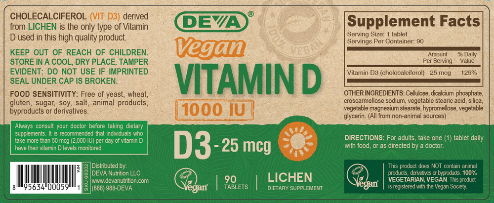 Vegan Vitamin D3 1000 IU 90 Tablets by Deva Nutrition