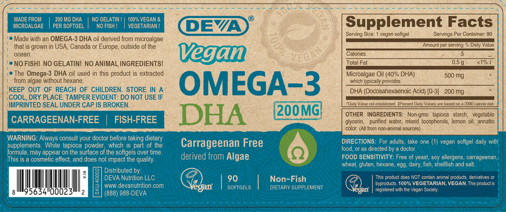 Vegan DHA (Algae) 200mg 90 Softgels by Deva Nutrition