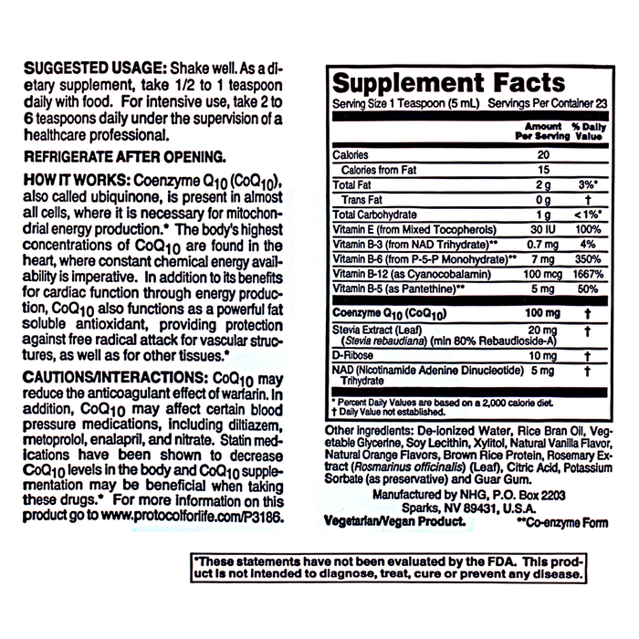 Liquid CoQ10 100 mg 4 oz Supplement Facts Label
