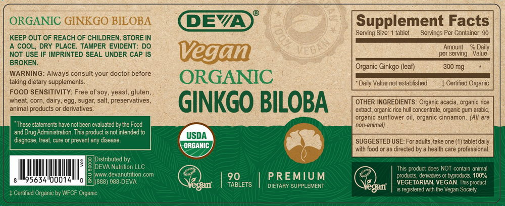 Vegan Ginkgo Biloba Organic 90 Tablets by Deva Nutrition