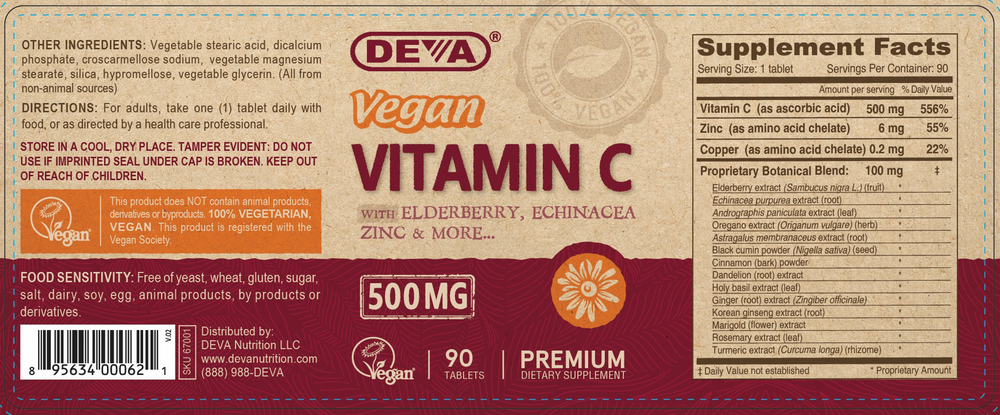 Vegan Vitamin C  500mg + Elderberry 90 Tablets by Deva Nutrition
