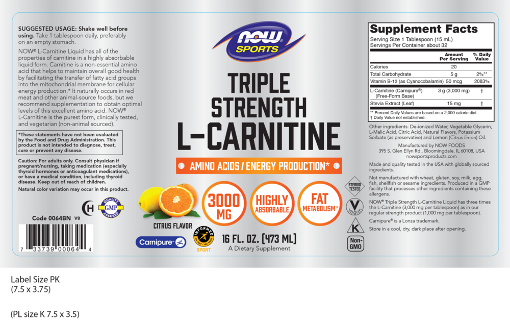NOW, Liquid L-Carnitine 3000 mg 16 fl oz, Label