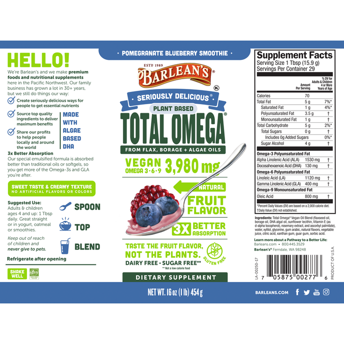 Seriously Delicious Pomegranate Blueberry Smoothie Total Omega Vegan 16 oz by Barlean's Organic Oils