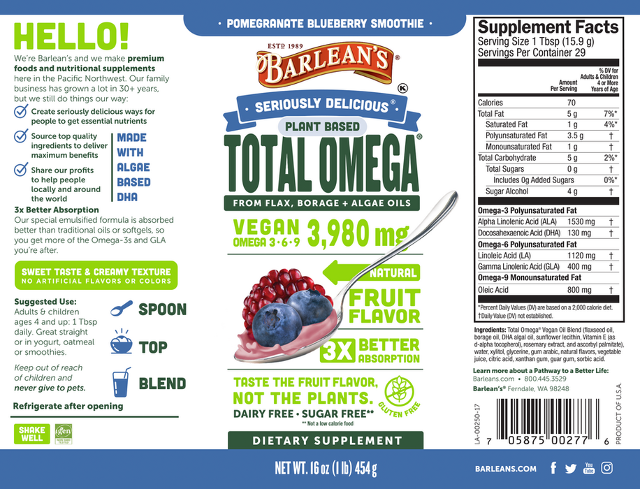 Seriously Delicious Pomegranate Blueberry Smoothie Total Omega Vegan 16 oz by Barlean's Organic Oils
