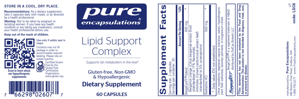 Lipid Support Complex 60 Capsules by Pure Encapsulations information label
