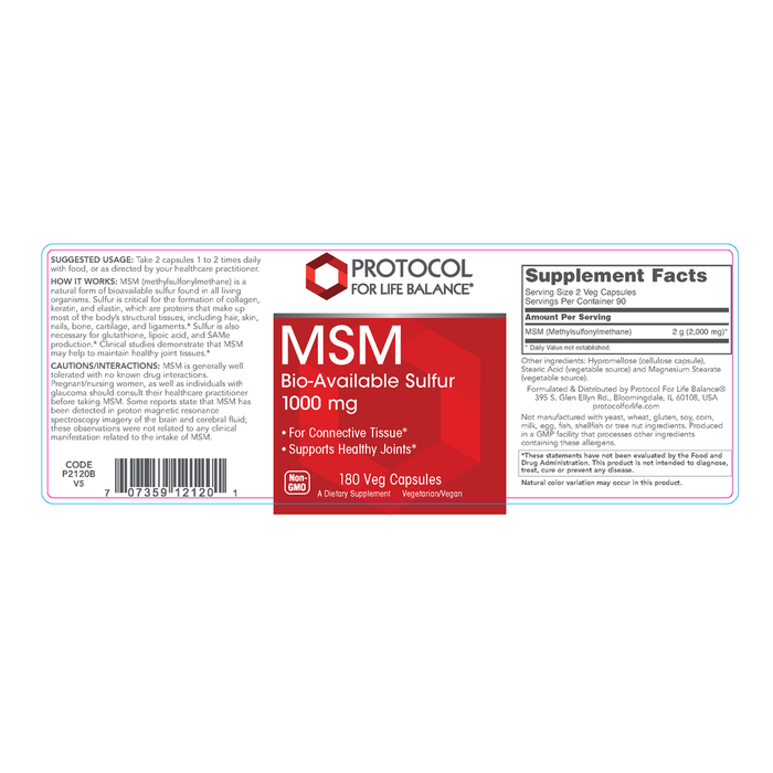 MSM 1000 mg 180 caps, by Protocol for Life Balance, Label