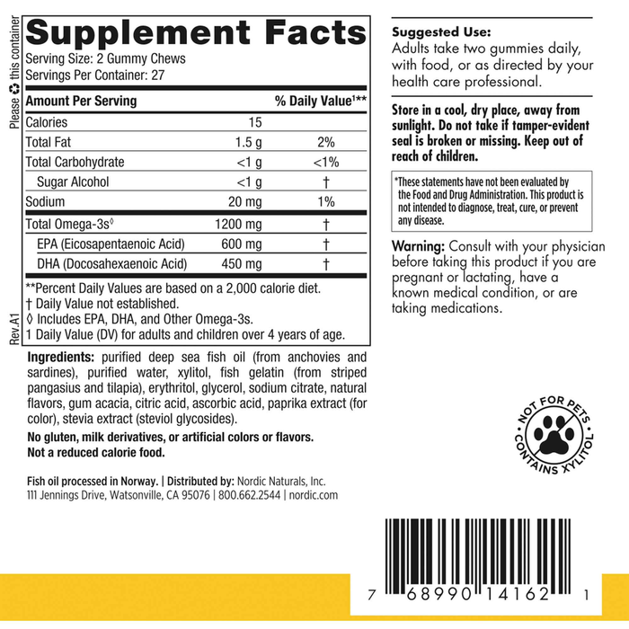 ProOmega Gummy Chews 54 count Supplement Facts Label