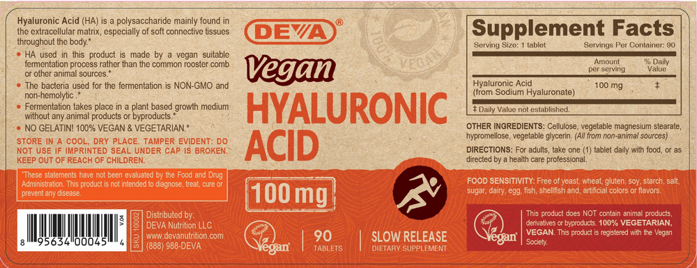 Vegan Hyaluronic Acid 100 mg 90 Tablets by Deva Nutrition