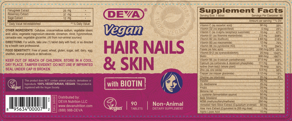 Vegan Hair Nails & Skin with Biotin 90 Tablets by Deva Nutrition