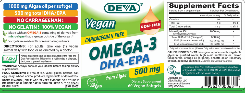 Vegan DHA-EPA 500mg 60 Softgels by Deva Nutrition