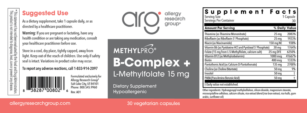 B-Complex + 15 mg L-Methylfolate 30 Capsules by MethylPro