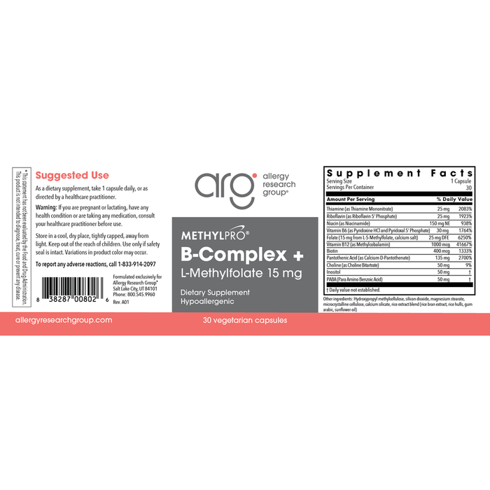 B-Complex + 15 mg L-Methylfolate 30 Capsules by MethylPro