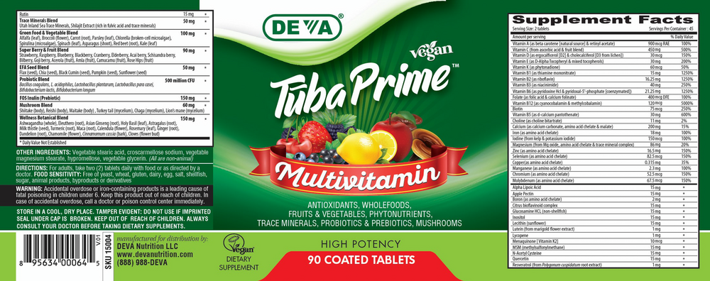 Vegan Tūba Prime Multivitamin 90 Tablets by Deva Nutrition