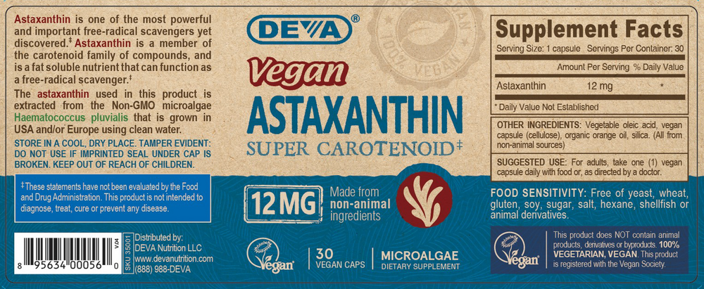 Vegan Astaxanthin 12mg 30 Capsules by Deva Nutrition