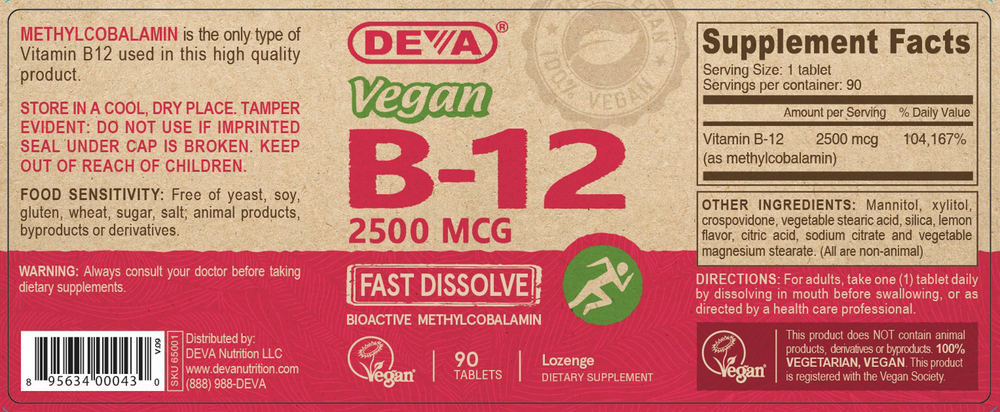 Vegan Vitamin B-12 (Fast Dissolve) - 2500mcg 90 Tablets by Deva Nutrition