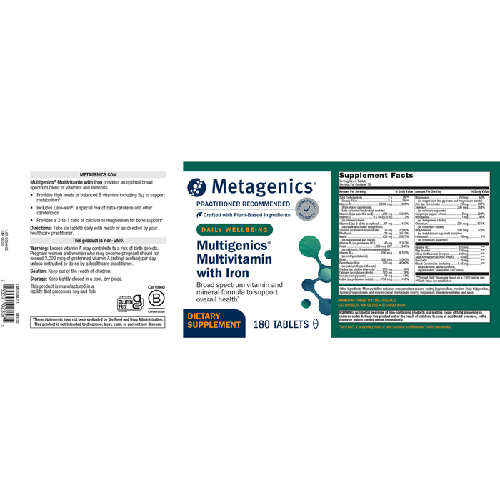 Multigenics Multivitamin with Iron 180 Tablets by Metagenics