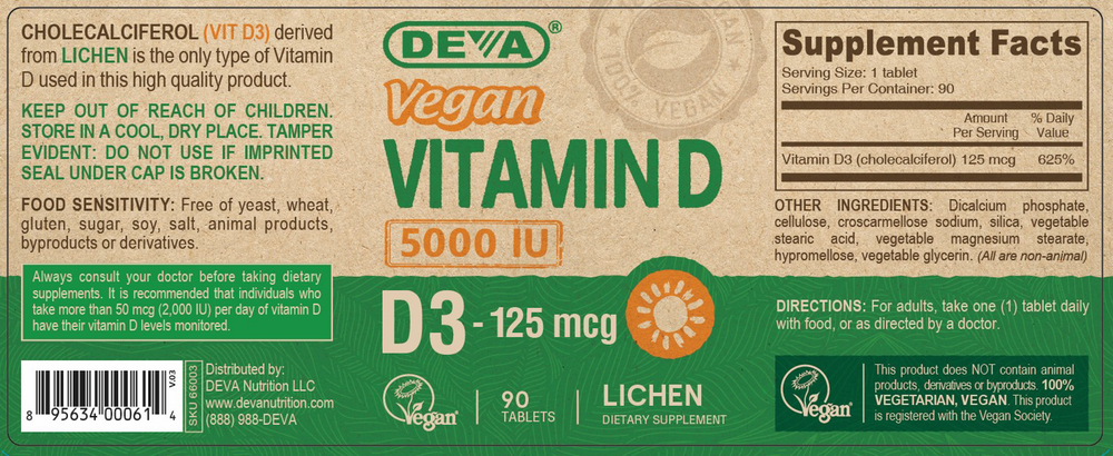 Vegan Vitamin D3 - 5000 IU 90 Tablets by Deva Nutrition