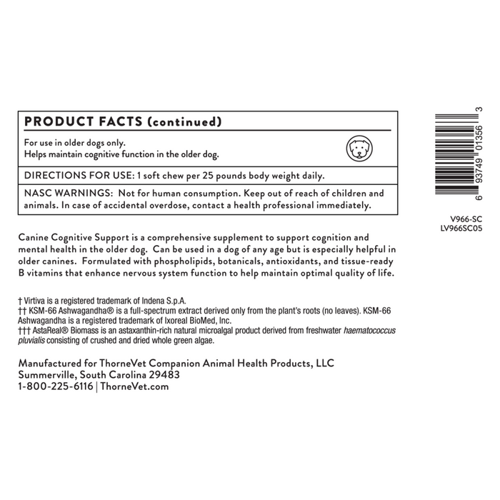 Canine Cognitive Support 90 soft chews Product Facts Label Continued