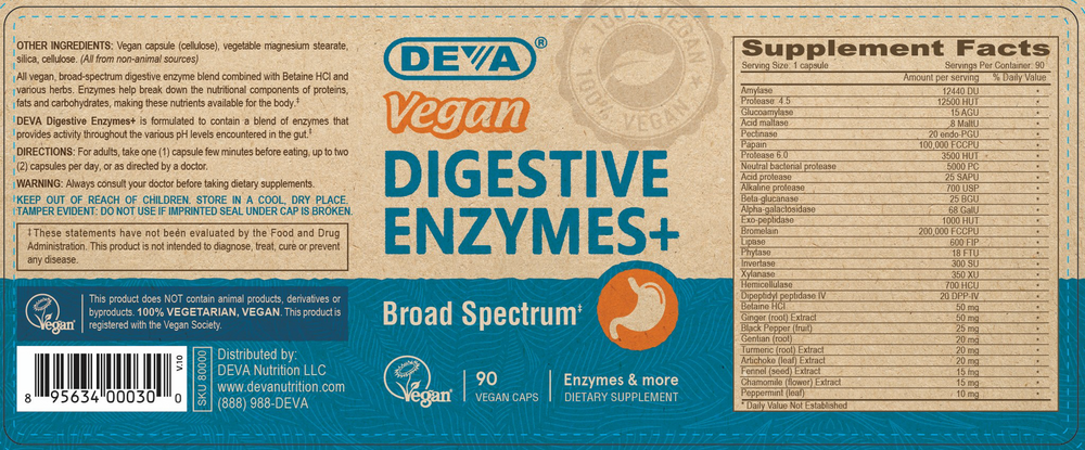 Vegan Digestive Enzymes+ 90 Capsules by Deva Nutrition