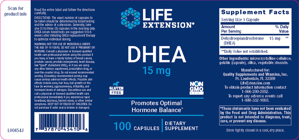 Life Extension, DHEA 15 mg 100 caps, Label