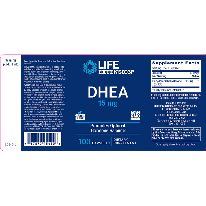 Life Extension, DHEA 15 mg 100 caps, Label